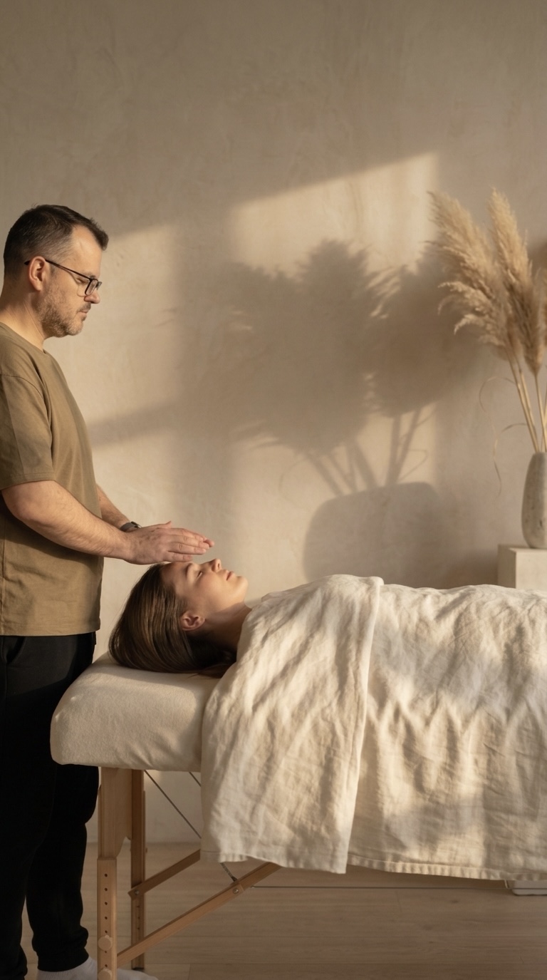 A client resting fully clothed on a treatment table during a session with Scott